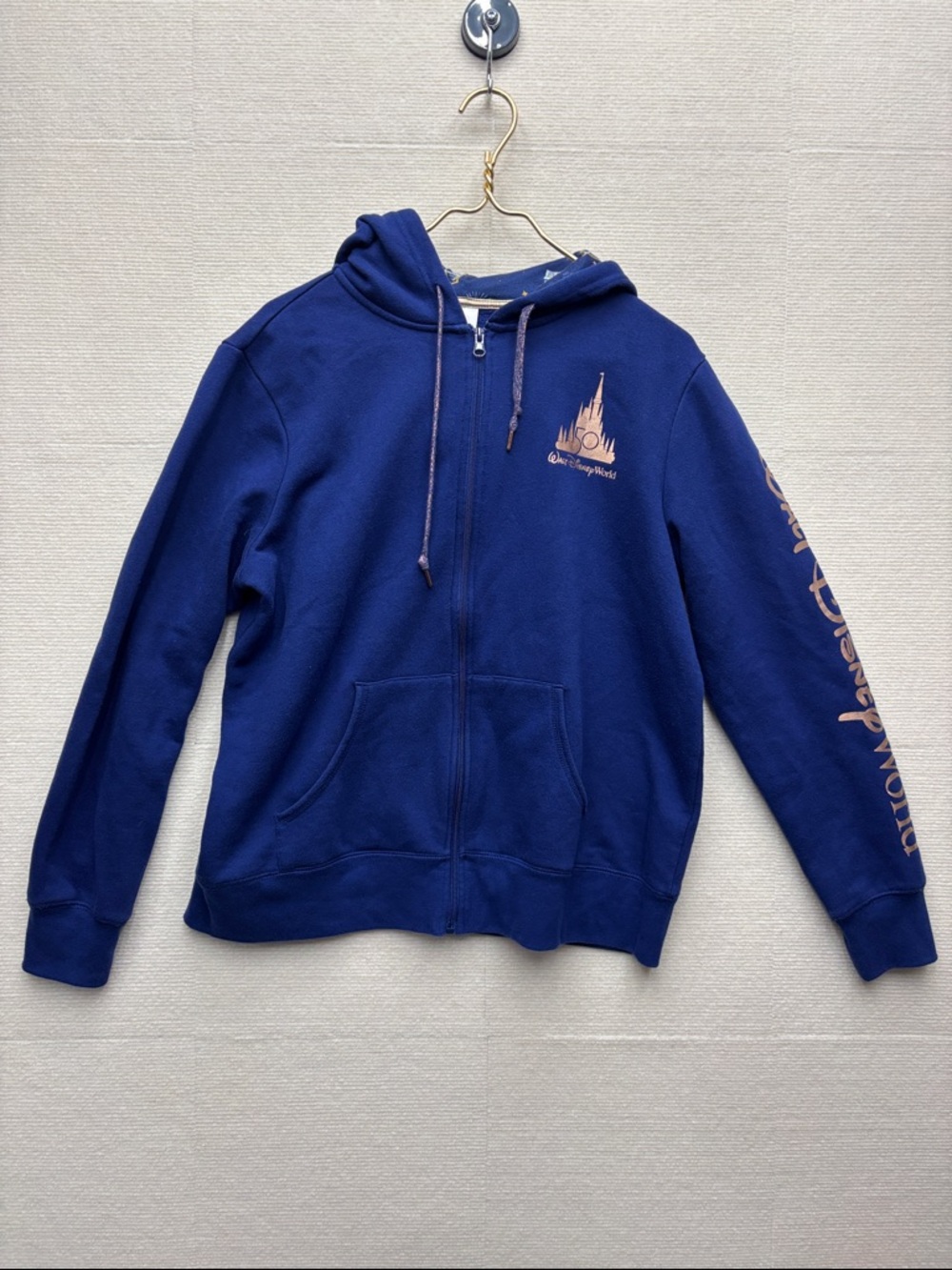 Disney 50 XL world Navy Hoodie with Pink Castle Logo zip up jacket